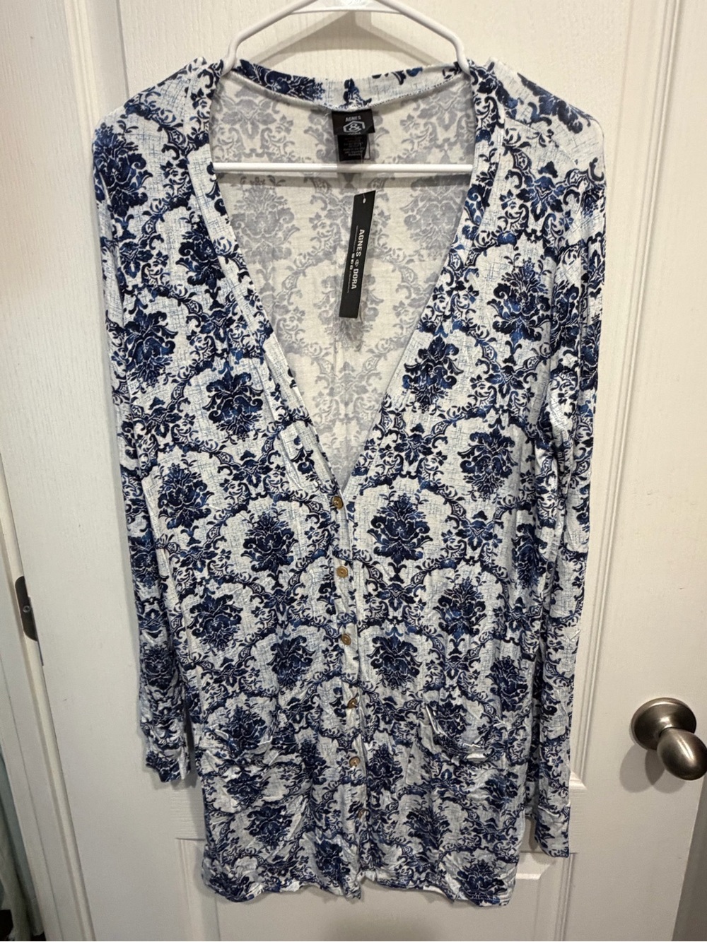 Agnes & Dora Blue and White Long Sleeve Button Cardigan
